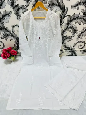 Pure White Chikankari Bliss Combo: Dyeable Pure Cotton Kurti & Palazzo Set