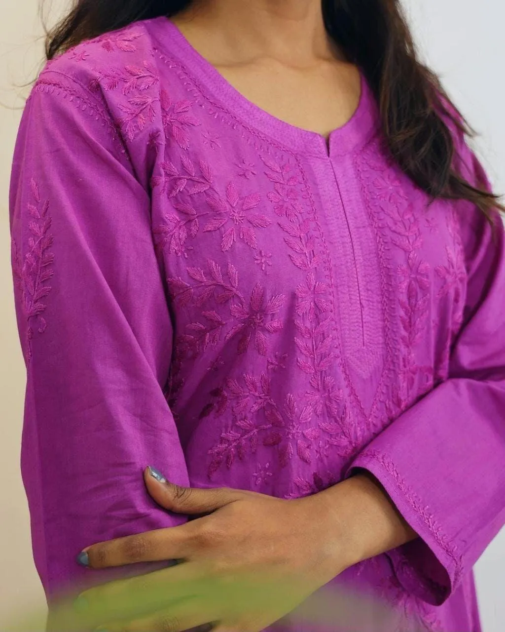 Purple Pink Chikankari Bliss Combo: Dyeable Pure Cotton Kurti & Palazzo Set
