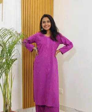 Purple Pink Chikankari Bliss Combo: Dyeable Pure Cotton Kurti & Palazzo Set