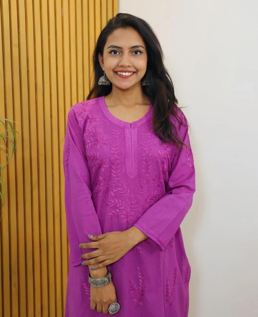 Purple Pink Chikankari Bliss Combo: Dyeable Pure Cotton Kurti & Palazzo Set