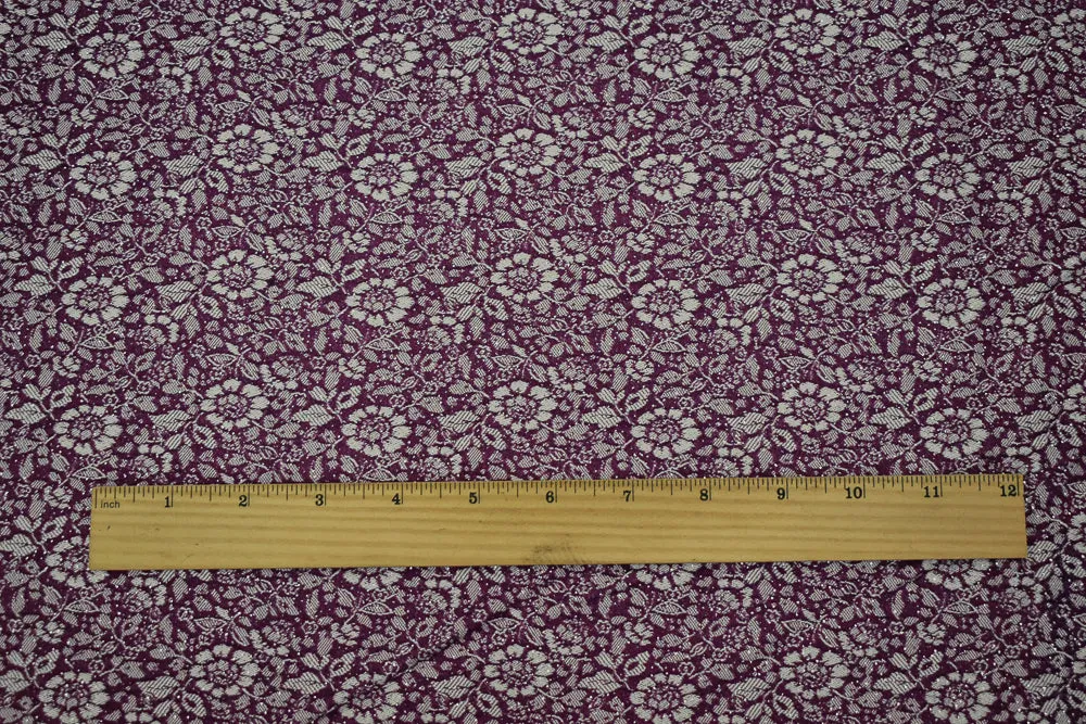 Purple-White-Silver Rayon Blend Stretch Floral Bengaline Jacquard Fabric
