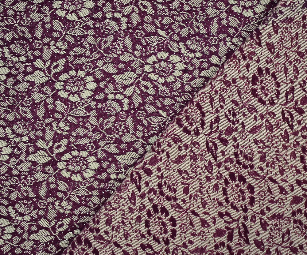 Purple-White-Silver Rayon Blend Stretch Floral Bengaline Jacquard Fabric