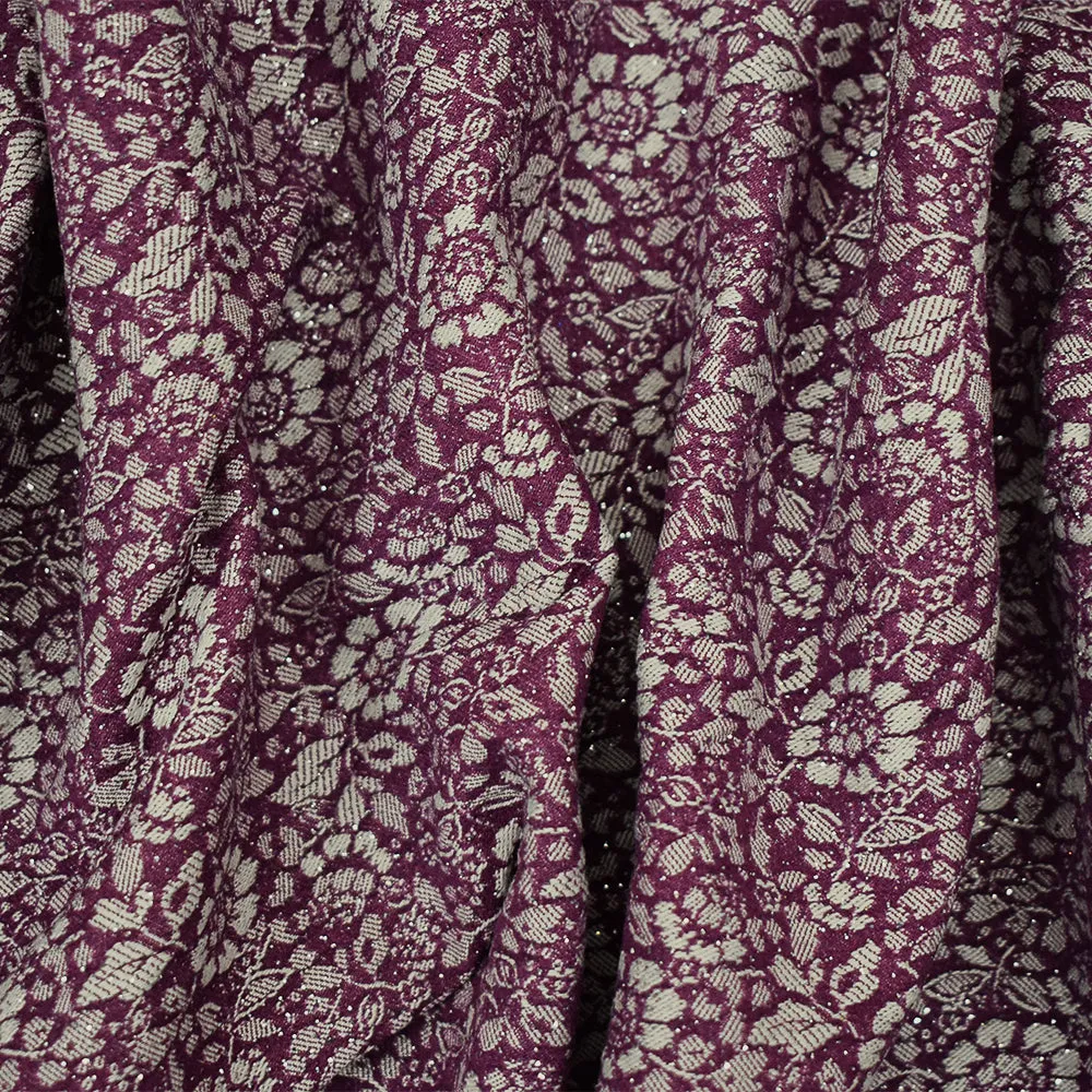 Purple-White-Silver Rayon Blend Stretch Floral Bengaline Jacquard Fabric