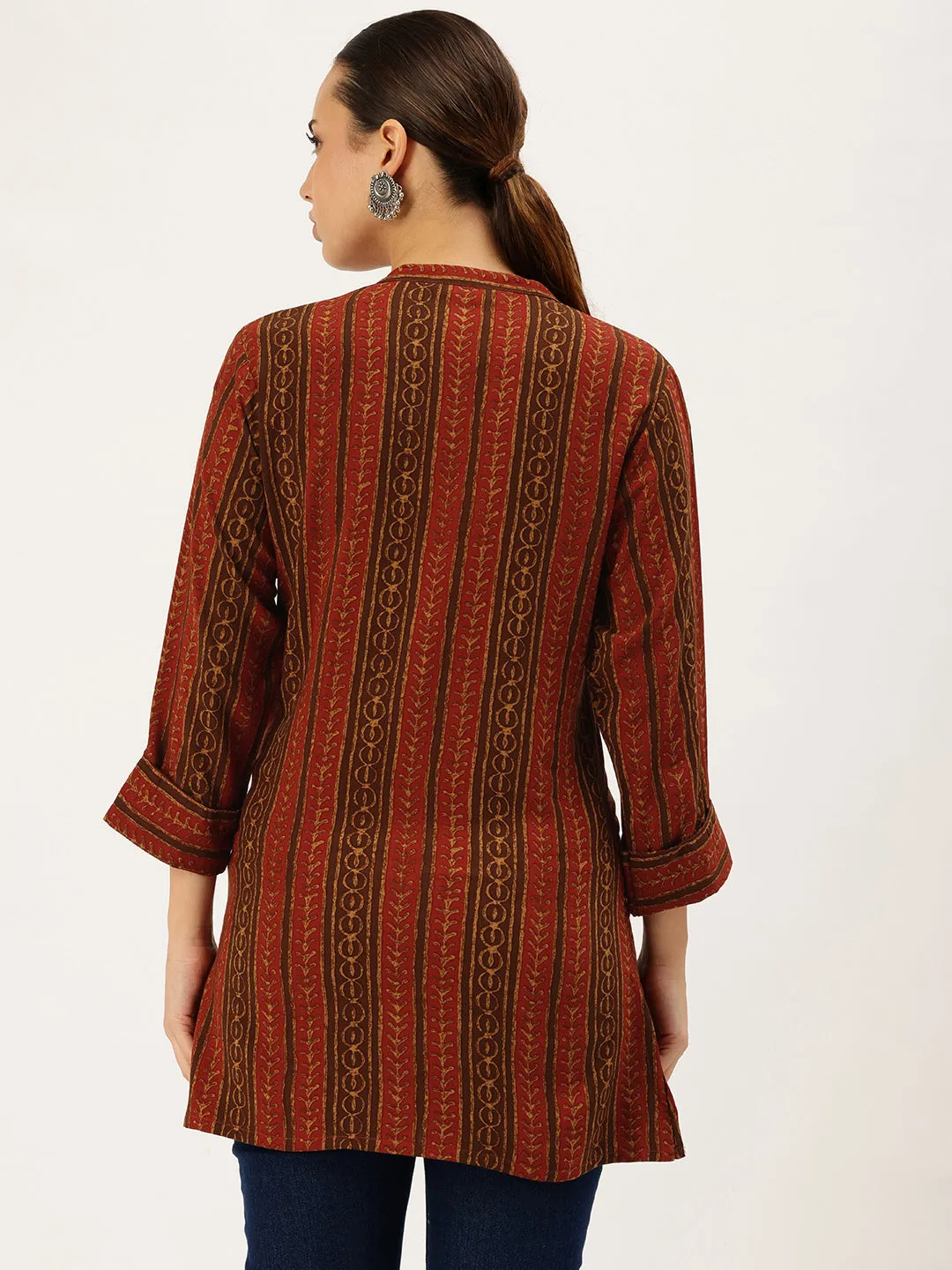 Red Viscose Rayon Striped Printed Tunic