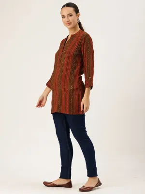 Red Viscose Rayon Striped Printed Tunic