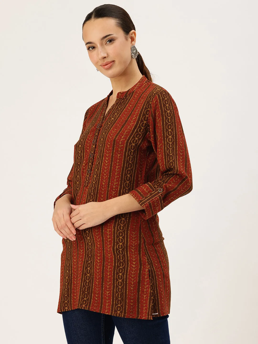 Red Viscose Rayon Striped Printed Tunic