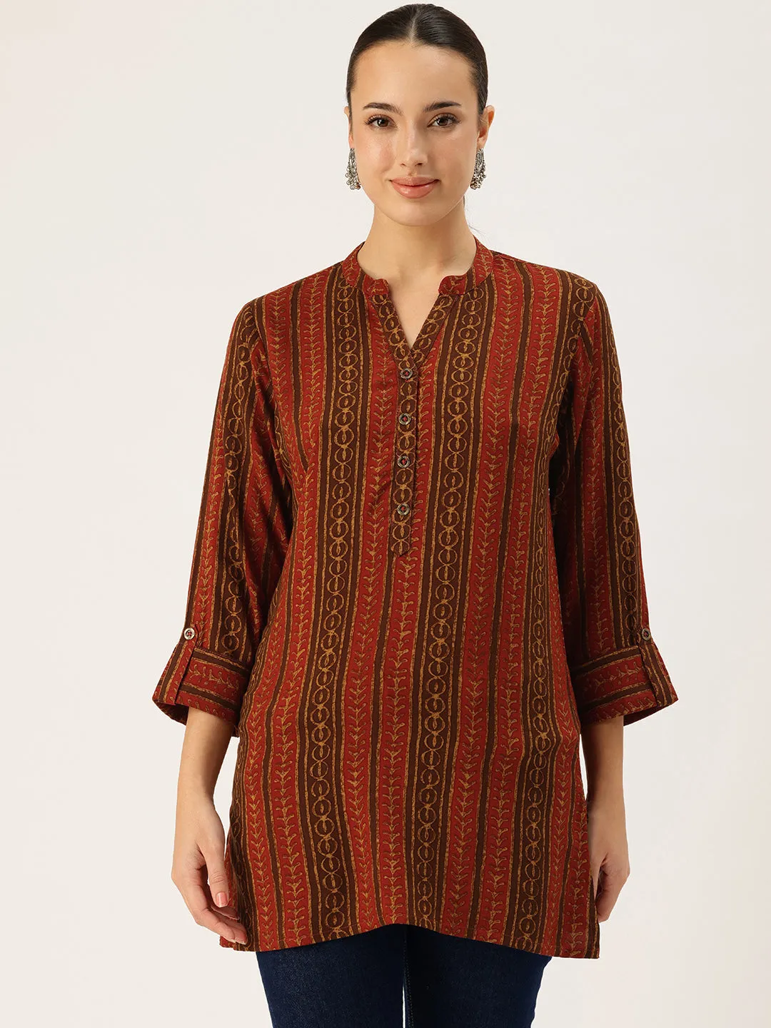 Red Viscose Rayon Striped Printed Tunic