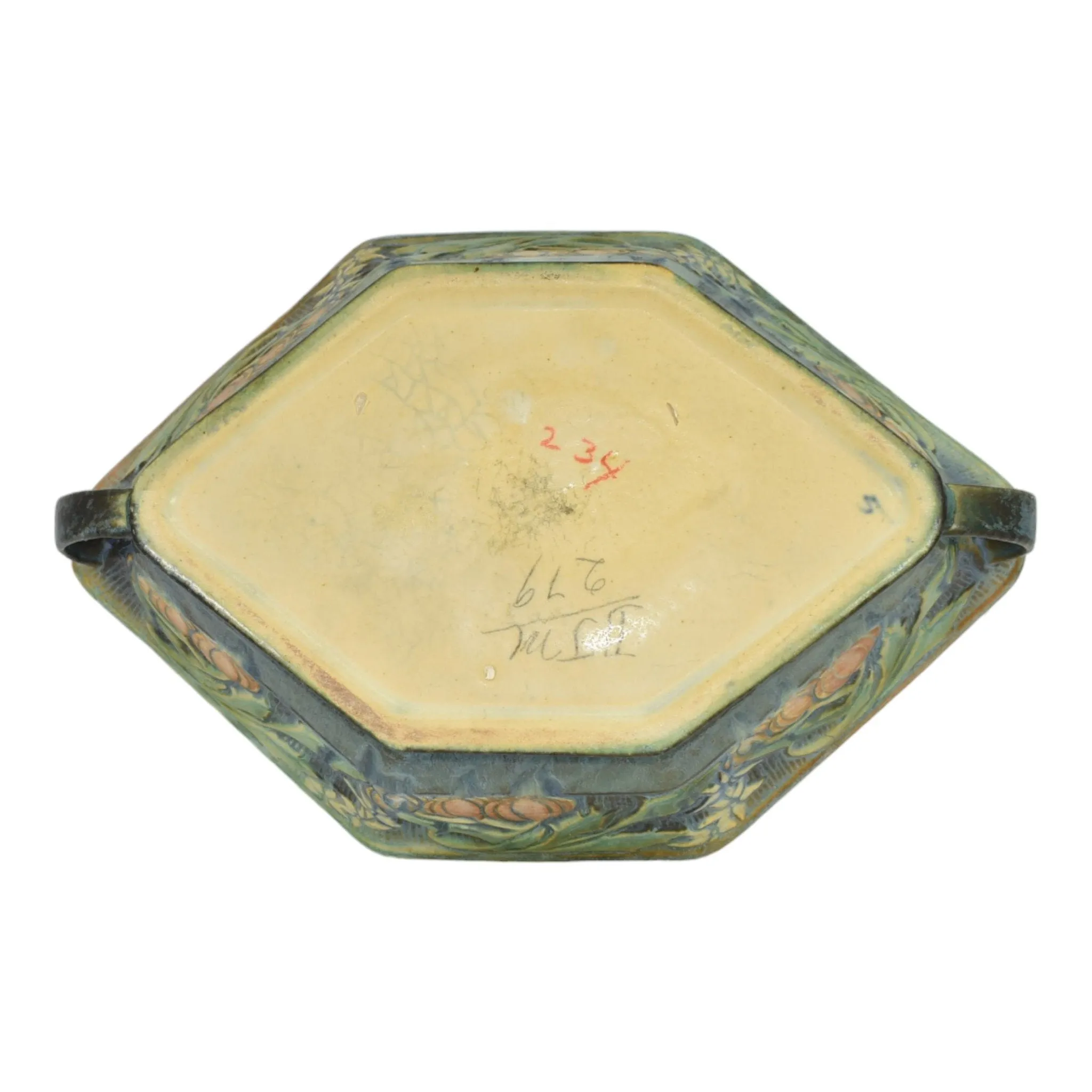 Roseville Baneda Green 1932 Arts And Crafts Handled Ceramic Console Bowl 234-10