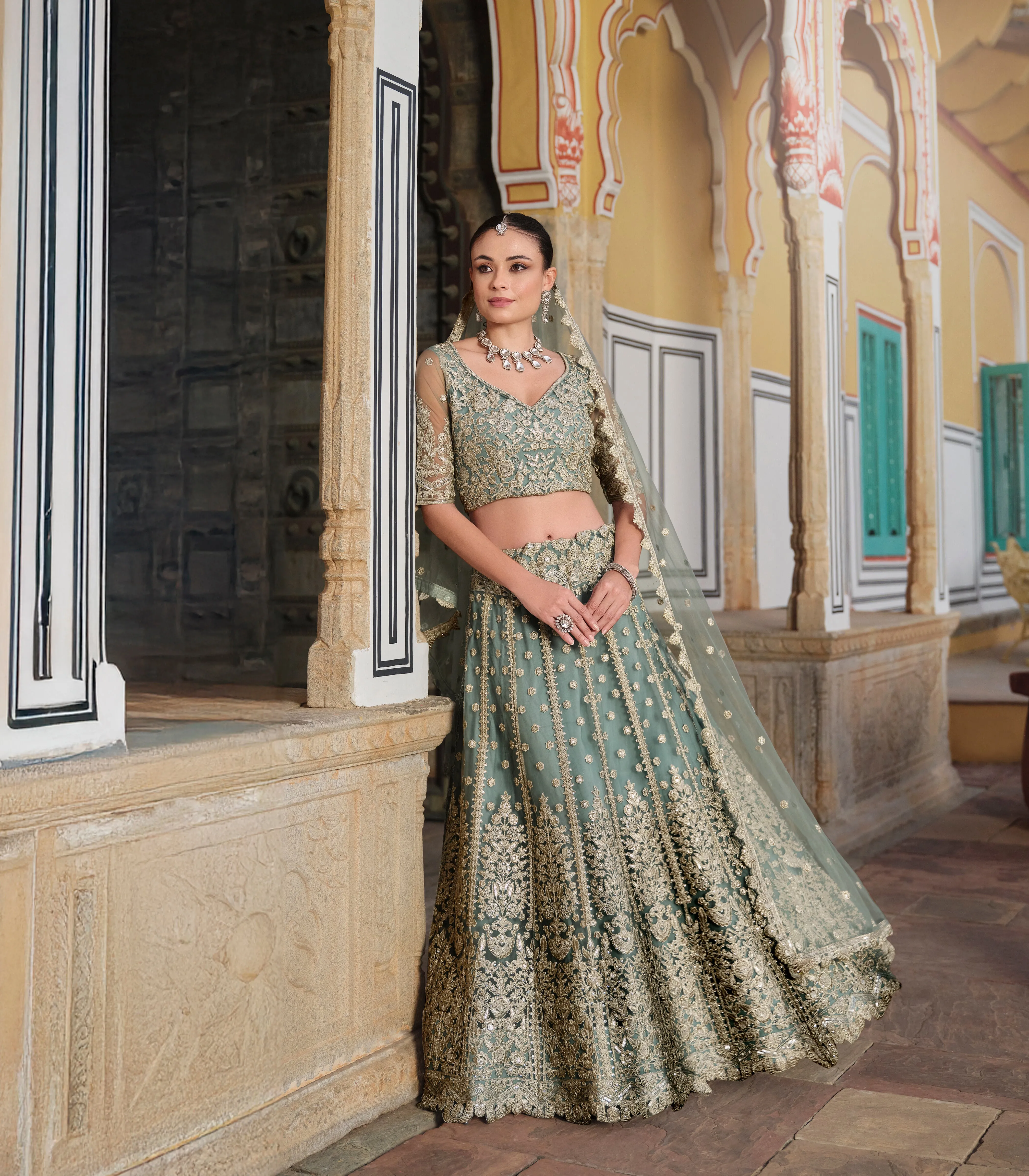 Sage Green Embroidered Net Bridal Lehenga Choli