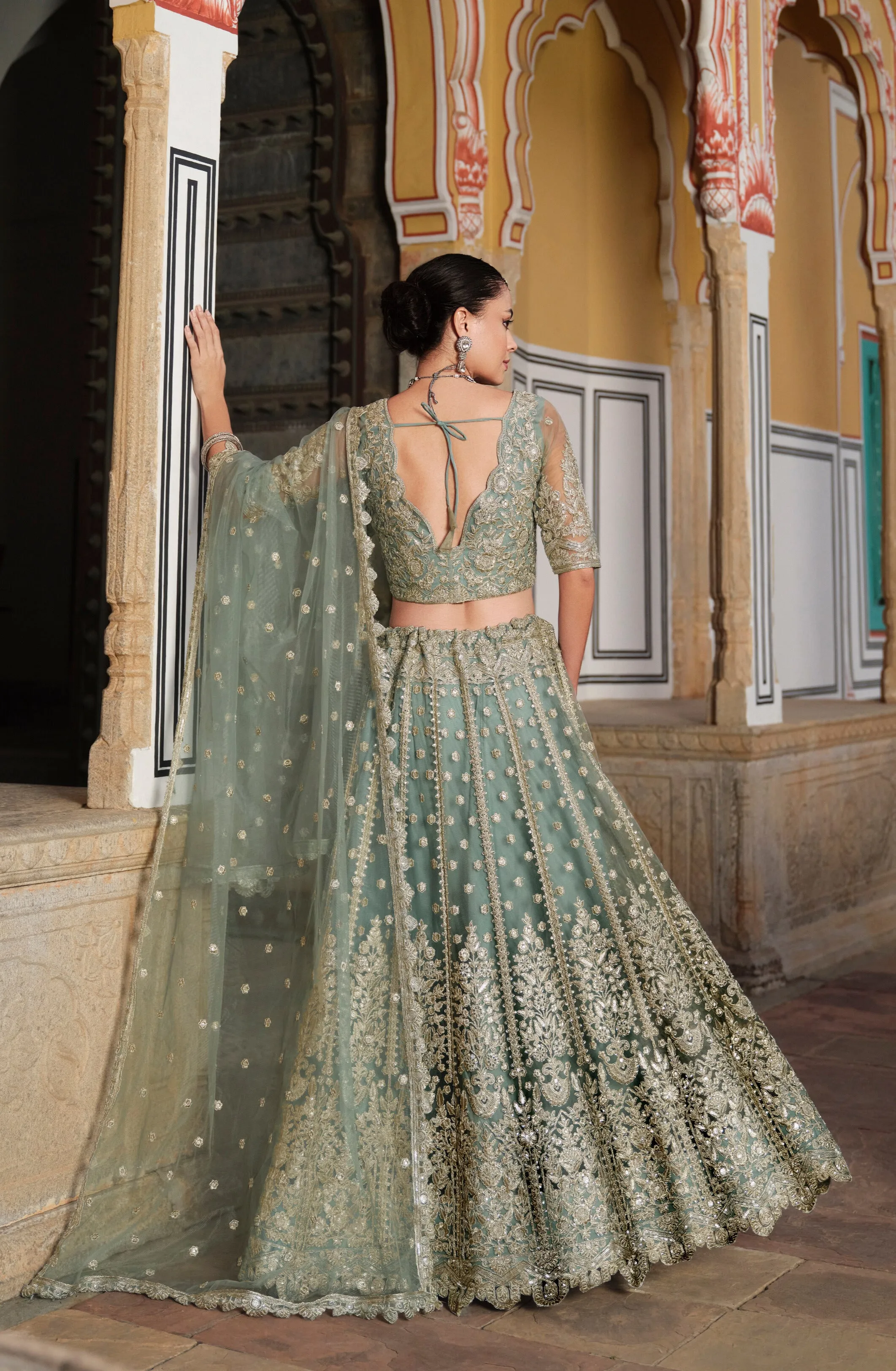 Sage Green Embroidered Net Bridal Lehenga Choli