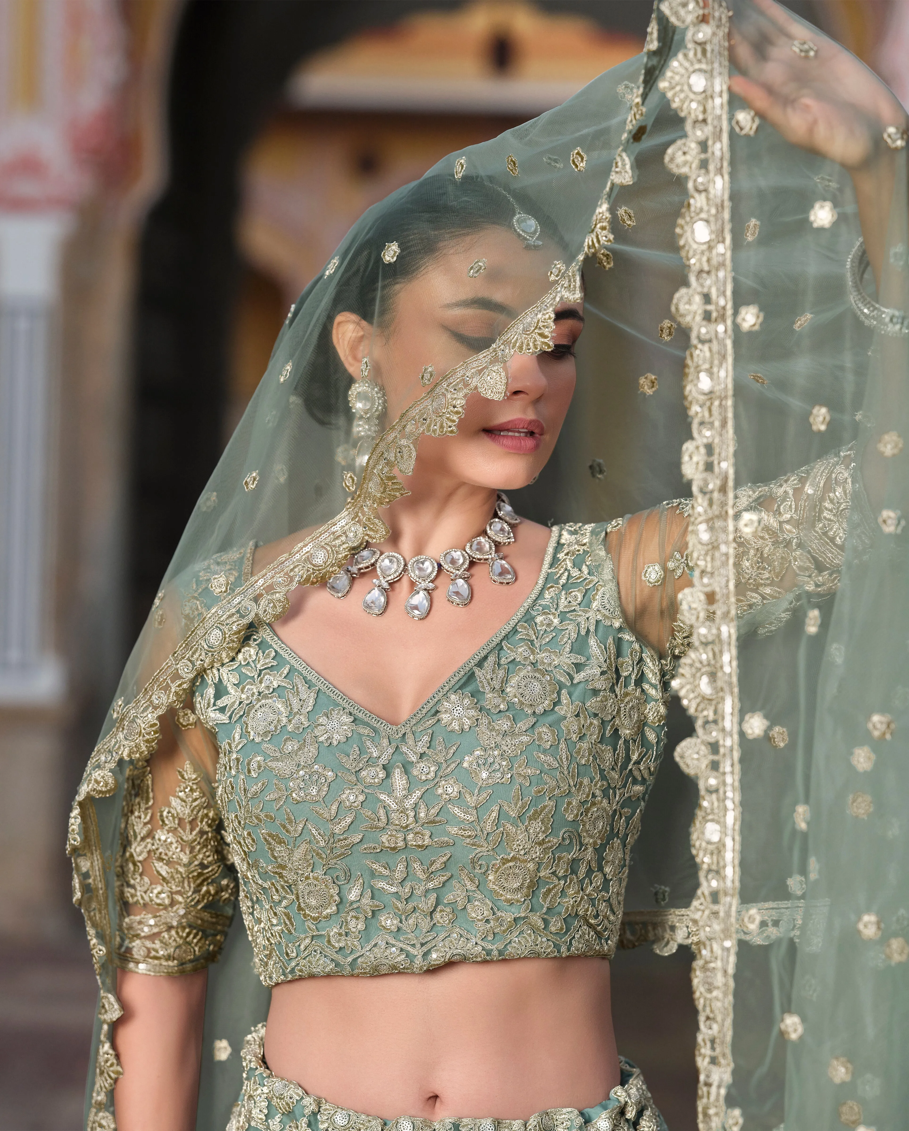 Sage Green Embroidered Net Bridal Lehenga Choli