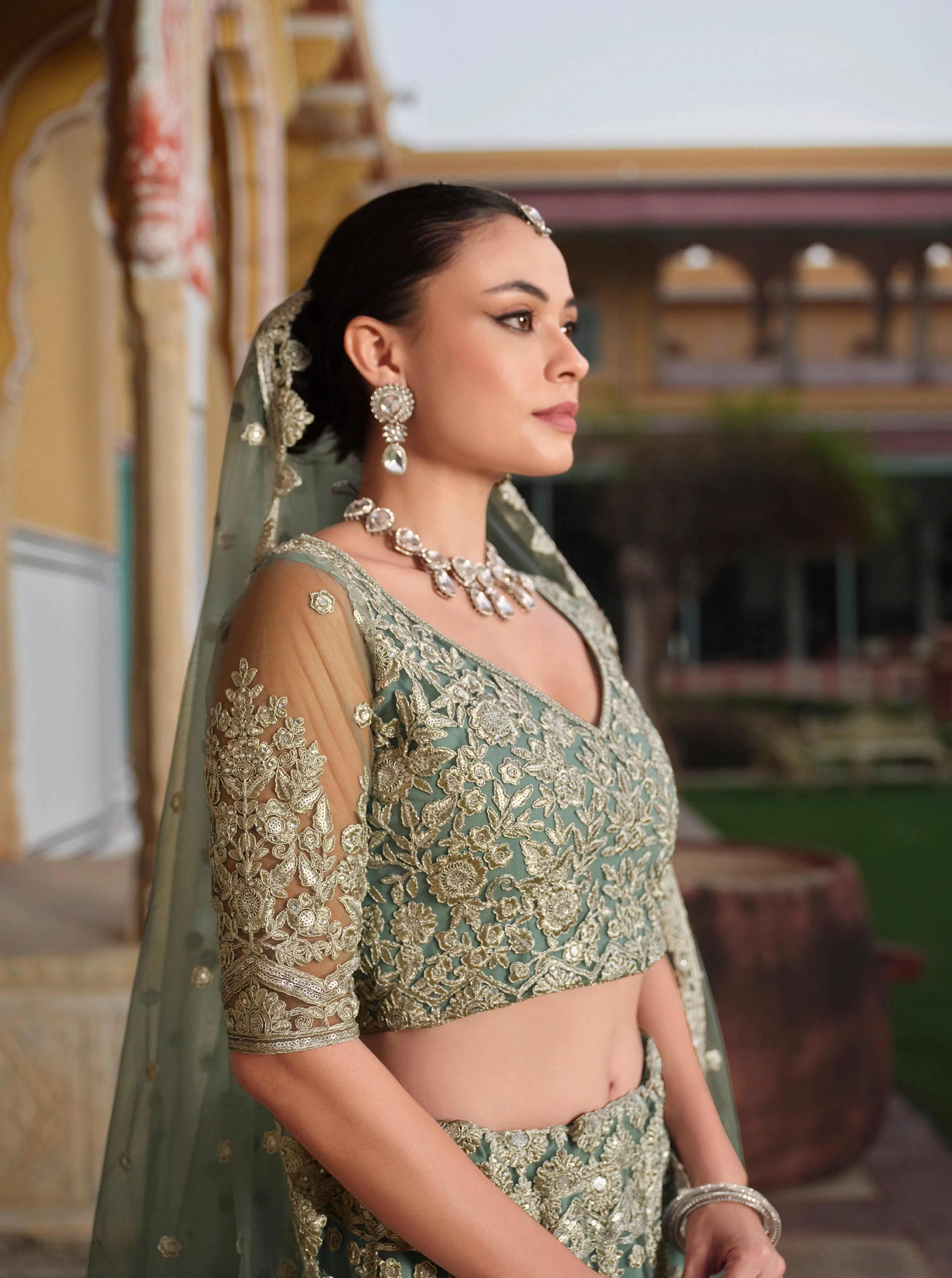 Sage Green Embroidered Net Bridal Lehenga Choli