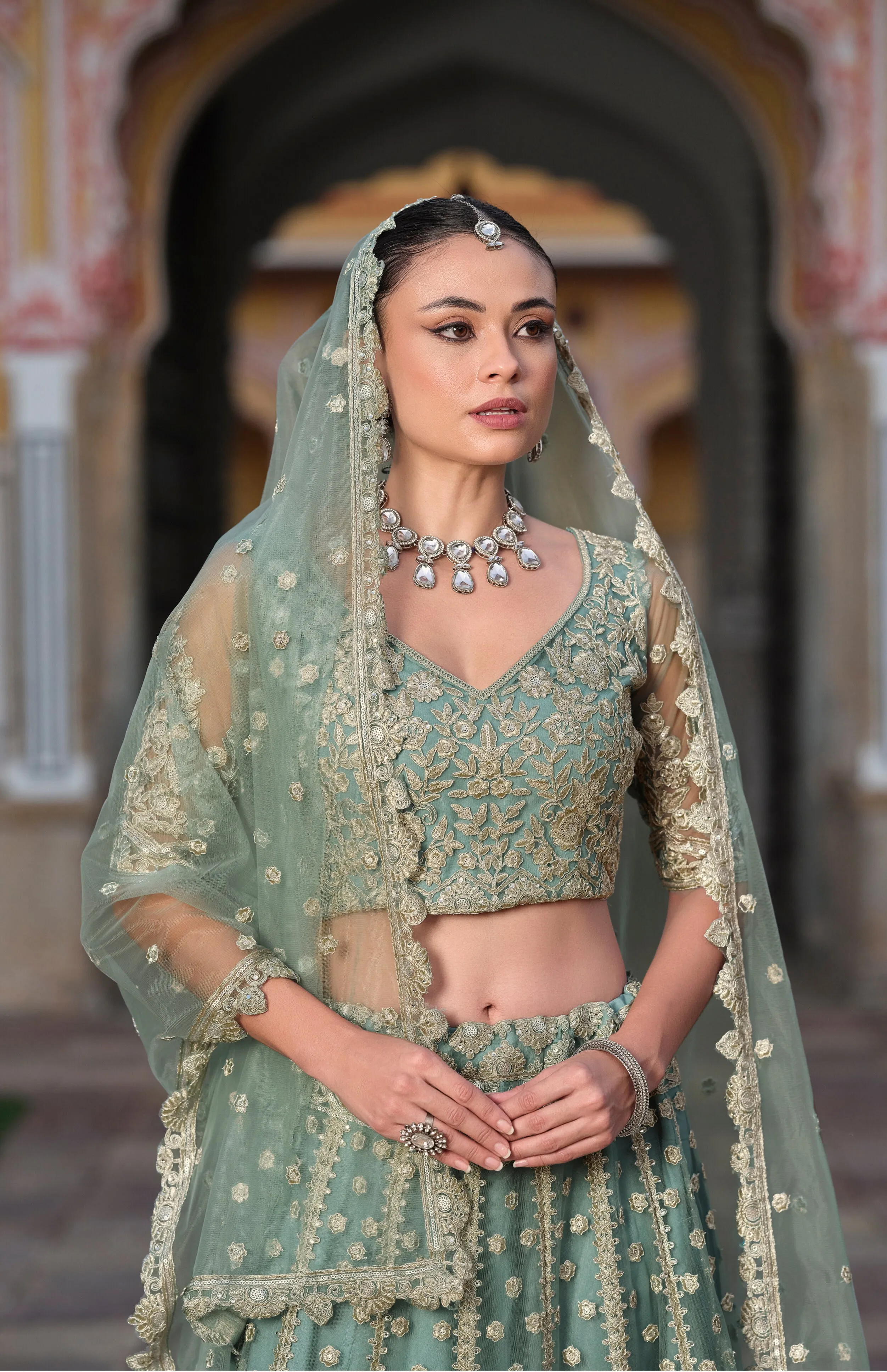 Sage Green Embroidered Net Bridal Lehenga Choli
