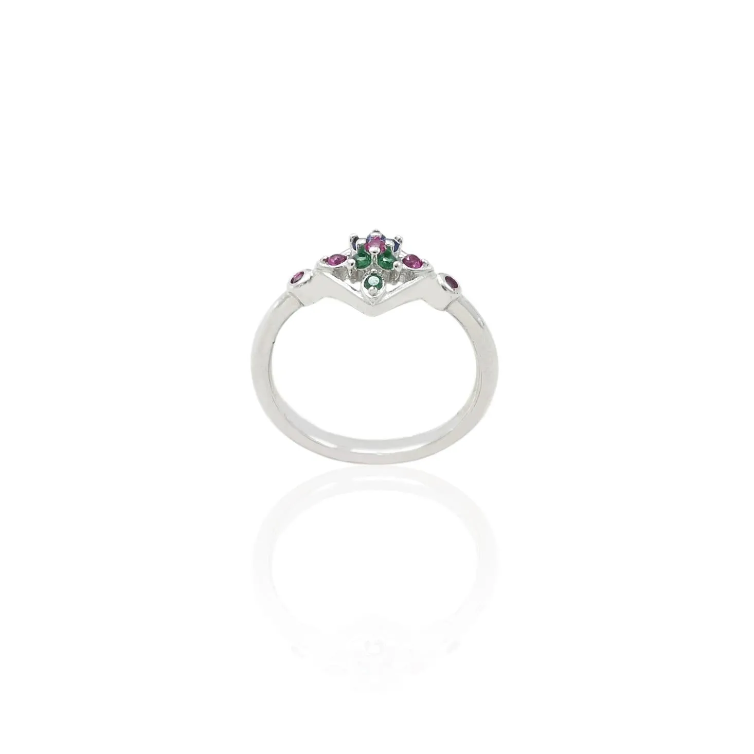 Silver Green And Pink Gemstones Ring