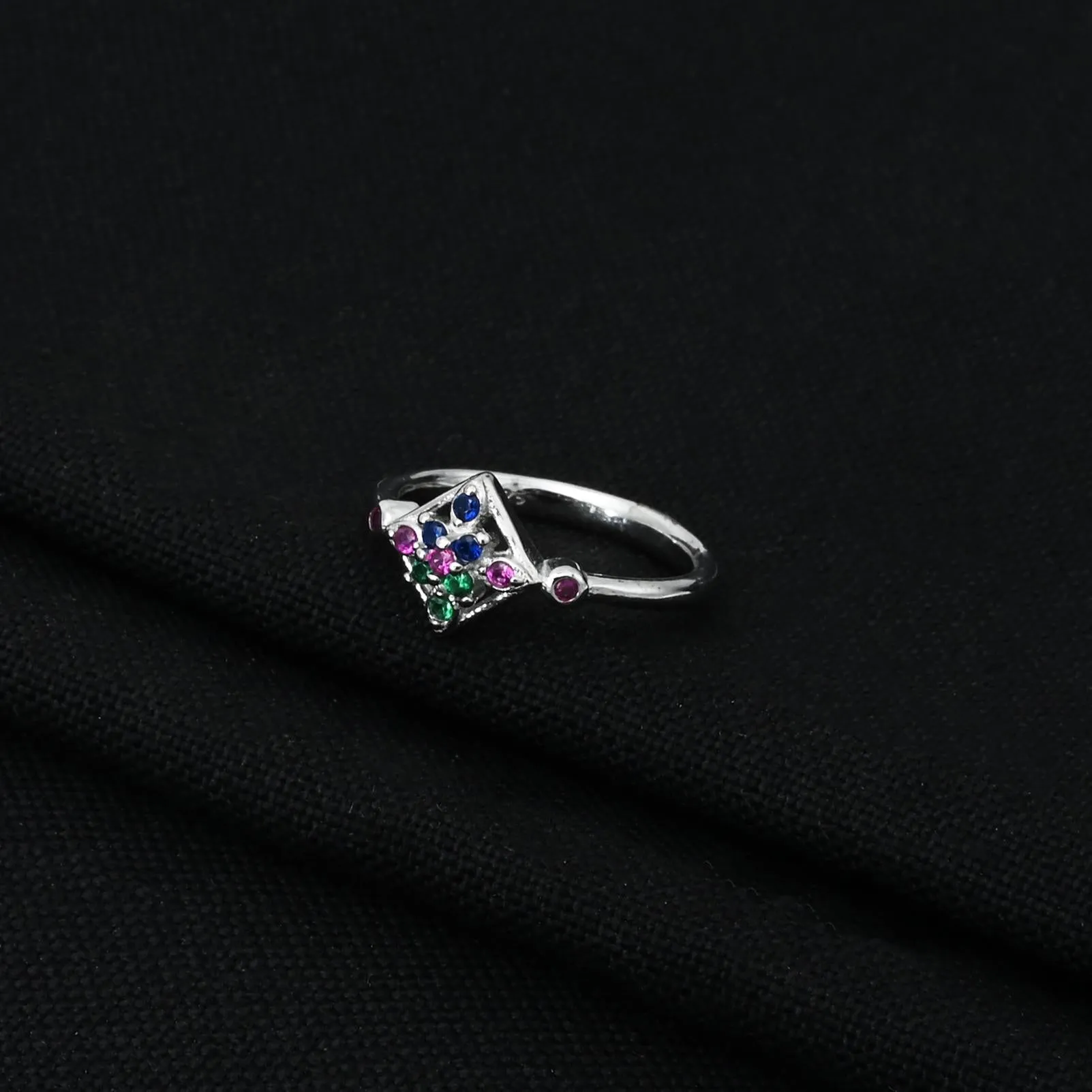 Silver Green And Pink Gemstones Ring