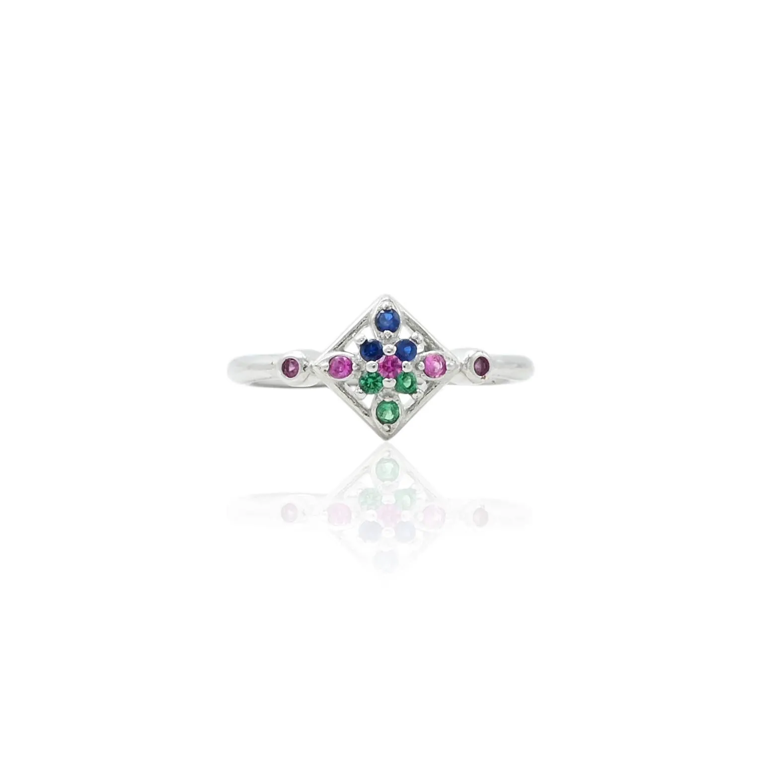 Silver Green And Pink Gemstones Ring