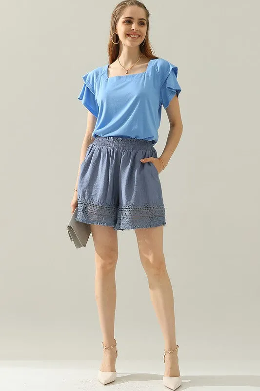 Sky Blue Square Neck Ruffle Cake Sleeve Top