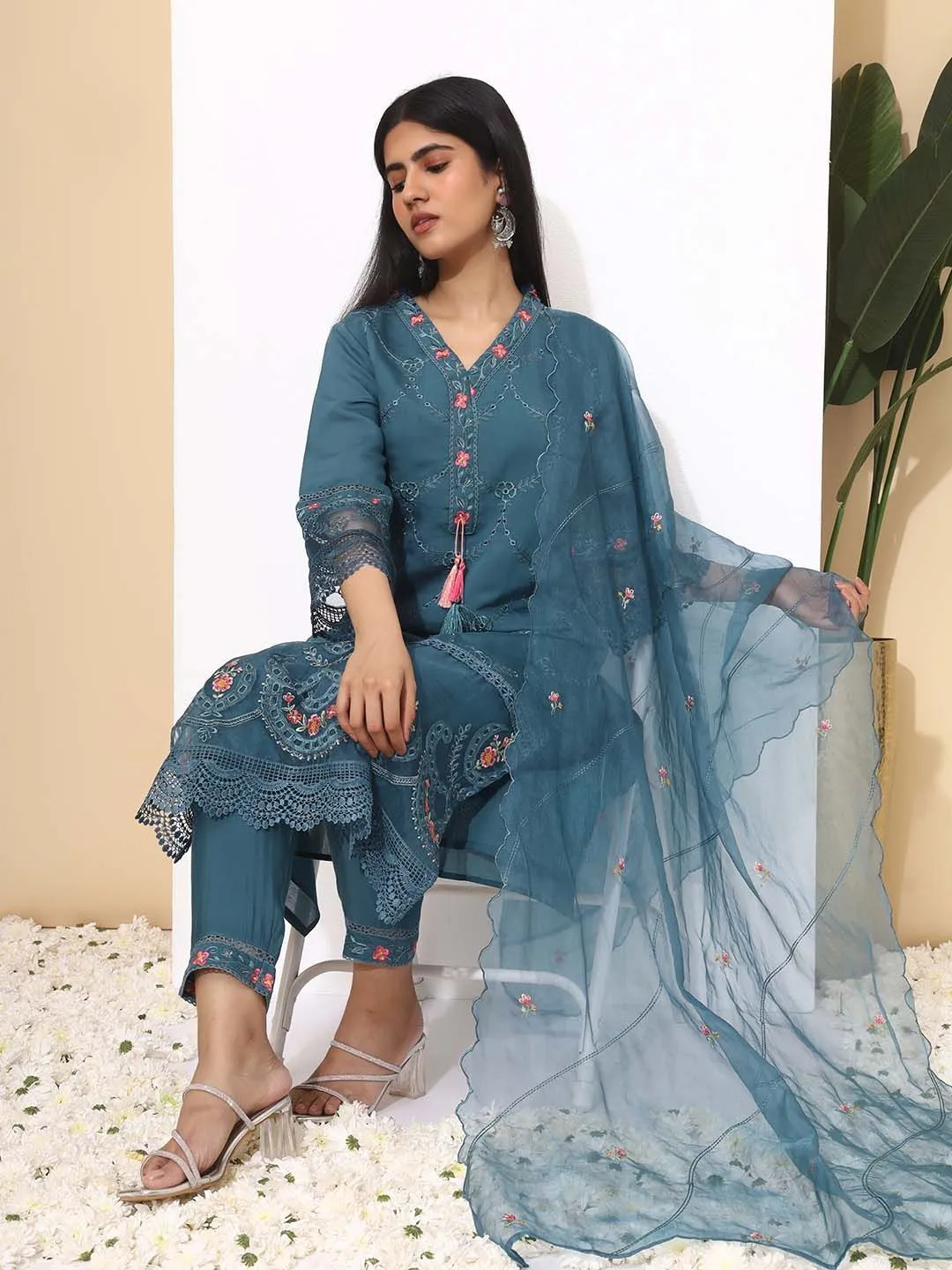 Soft Blue Cotton Floral Embroidered Kurta Set with Straight Bottom and Scalloped Organza Dupatta