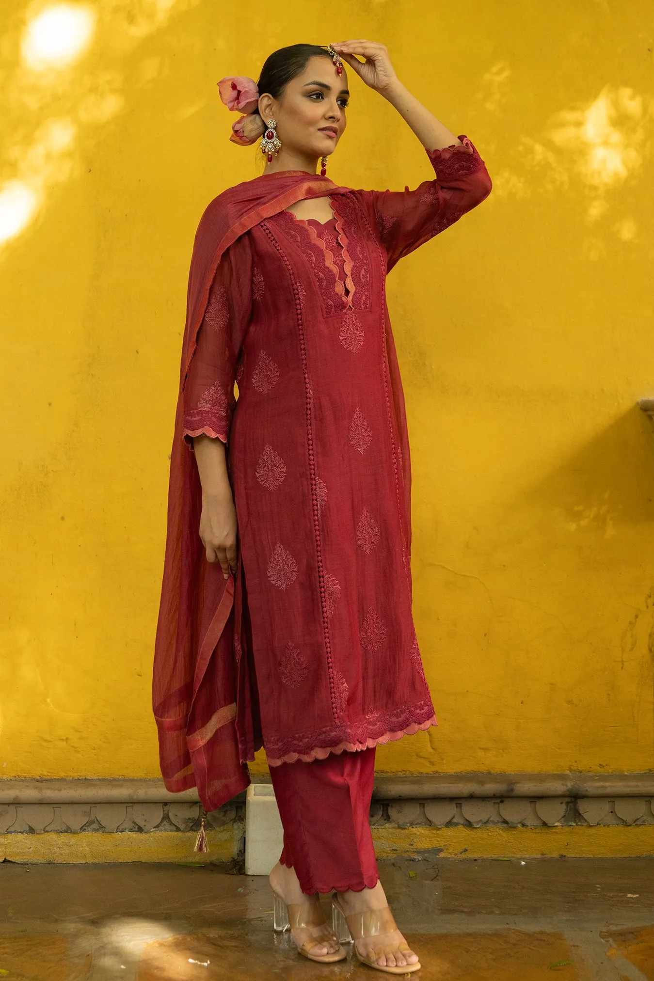 Soft Chanderi Embroidered Suit with Scallop Neck