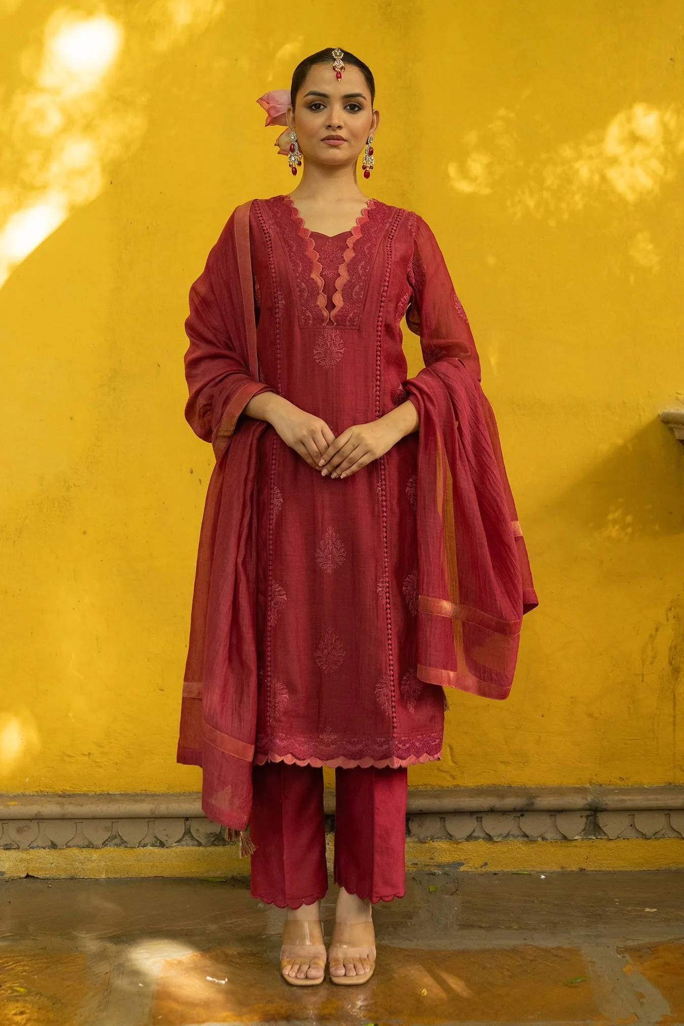 Soft Chanderi Embroidered Suit with Scallop Neck