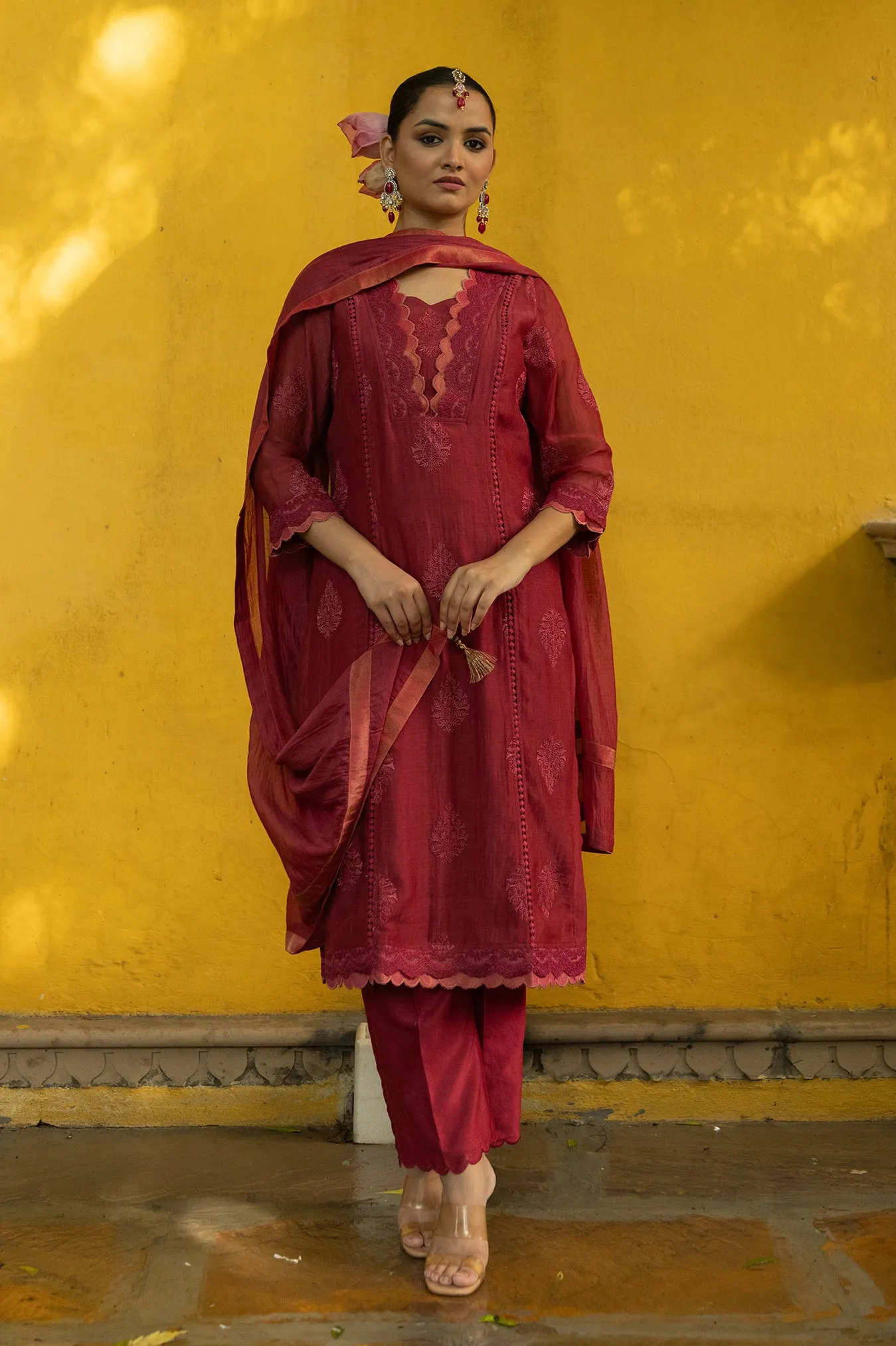 Soft Chanderi Embroidered Suit with Scallop Neck