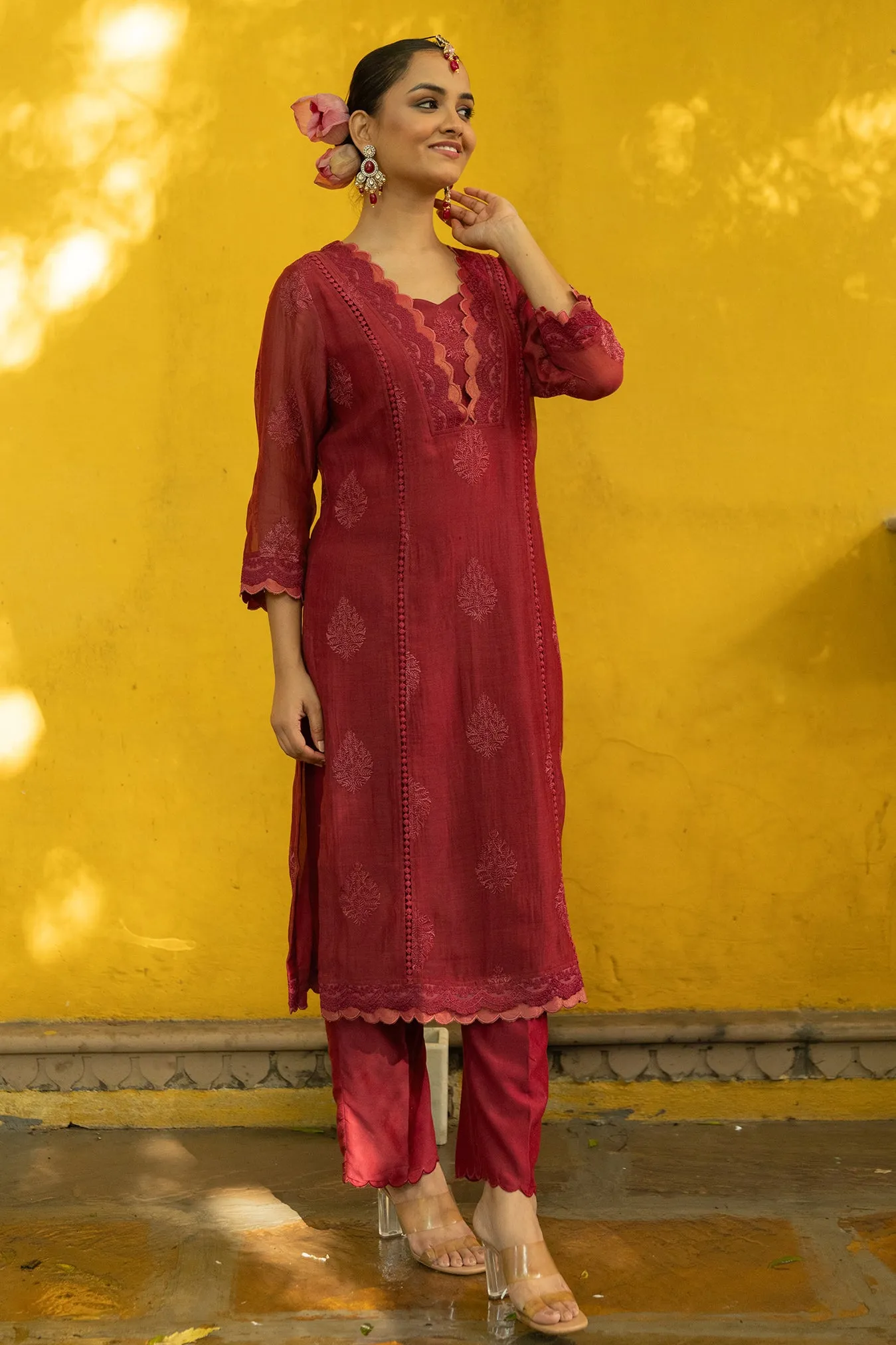 Soft Chanderi Embroidered Suit with Scallop Neck