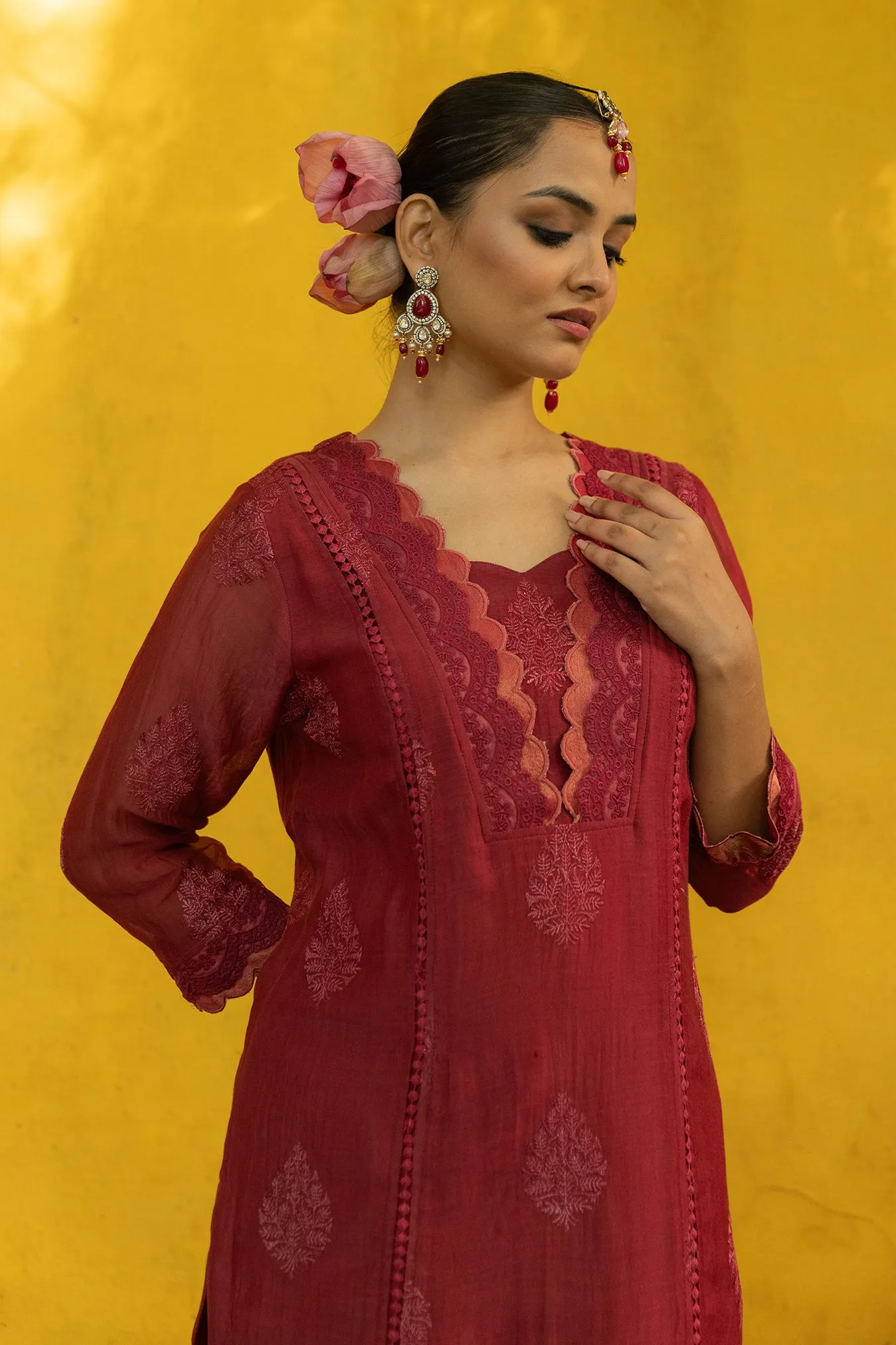 Soft Chanderi Embroidered Suit with Scallop Neck
