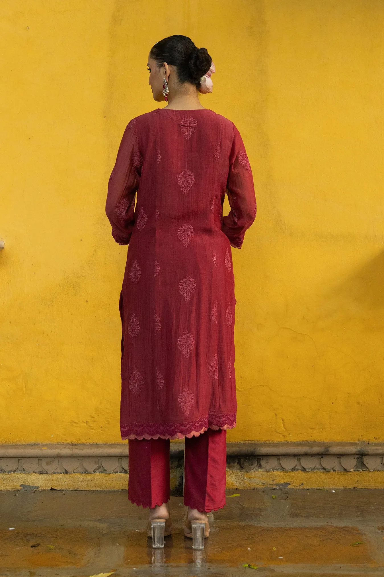 Soft Chanderi Embroidered Suit with Scallop Neck