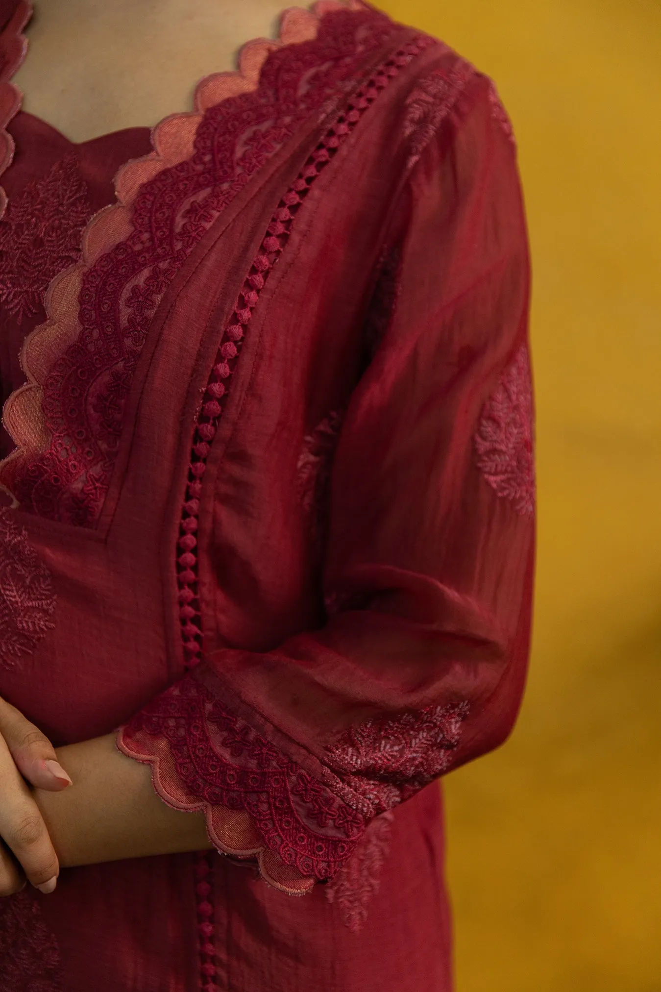 Soft Chanderi Embroidered Suit with Scallop Neck