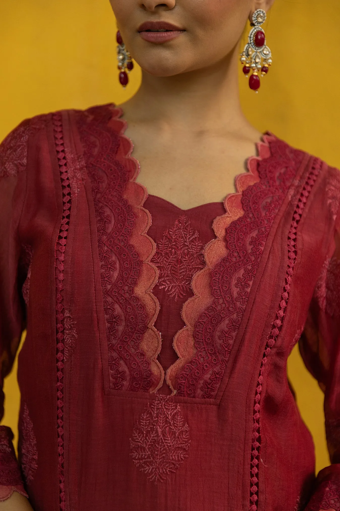 Soft Chanderi Embroidered Suit with Scallop Neck
