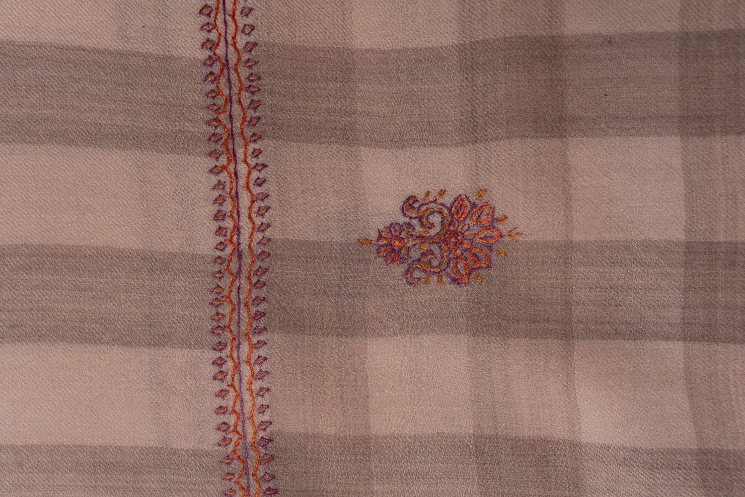 Soft Checkered Beige Kashmiri Hand Embroidered Merino Wool Sozni Shawl