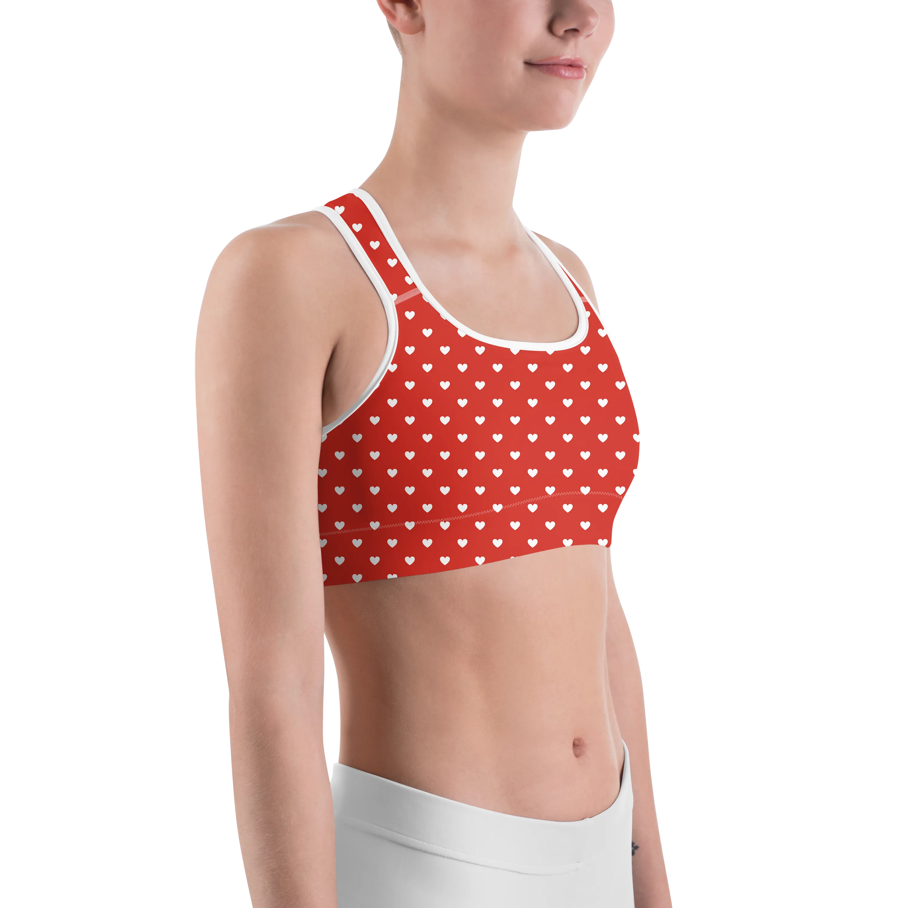 White Mini Hearts Red Sports Bra