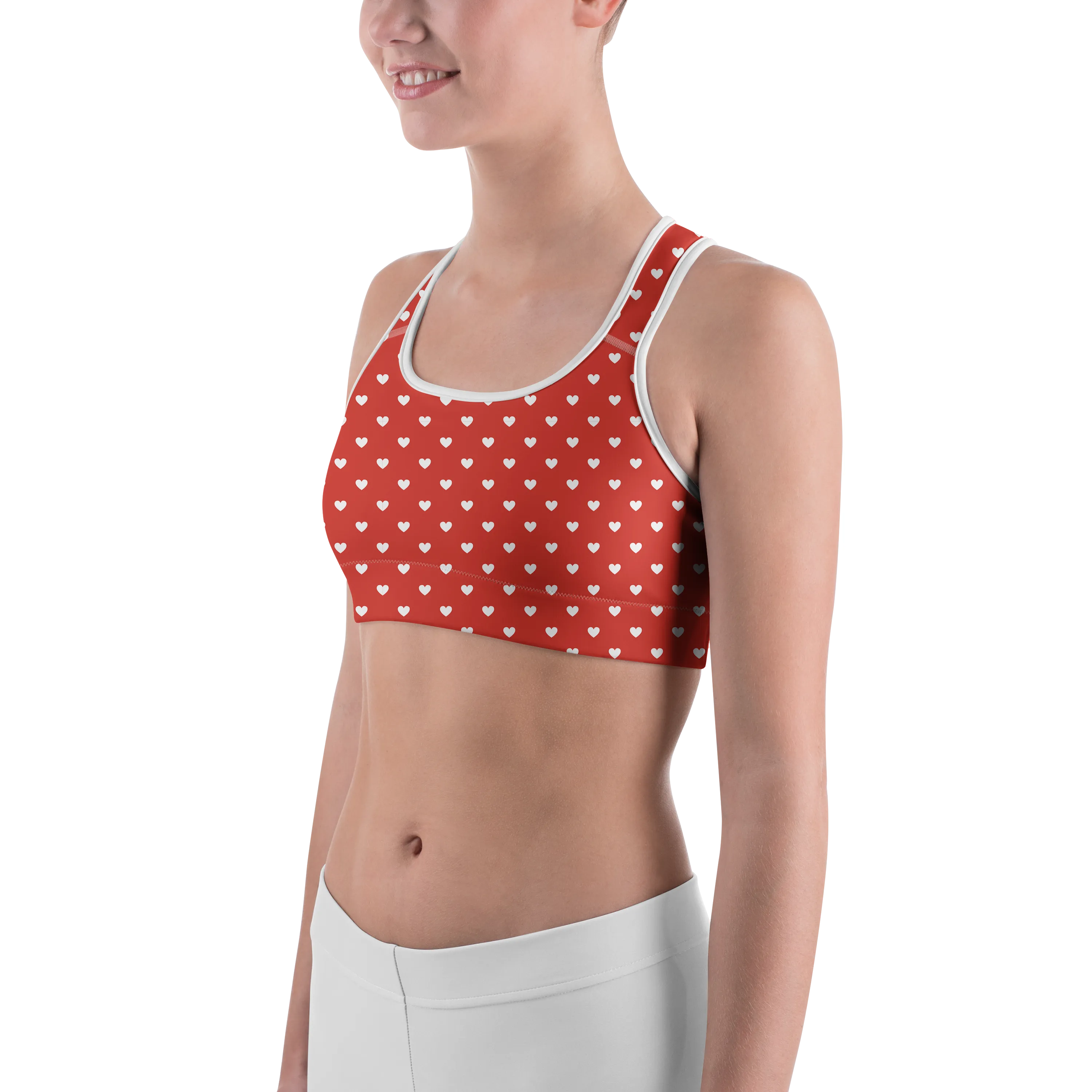 White Mini Hearts Red Sports Bra