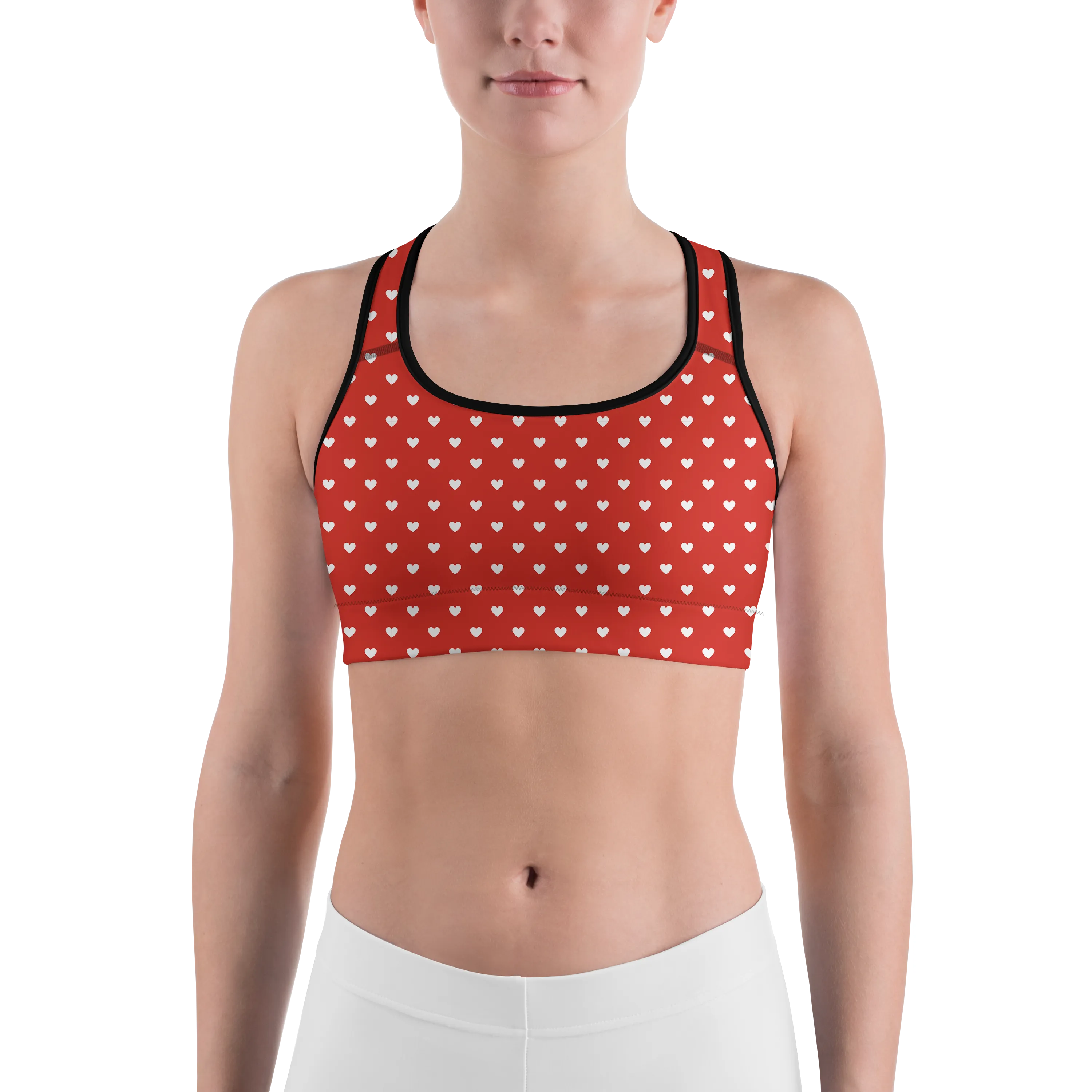 White Mini Hearts Red Sports Bra