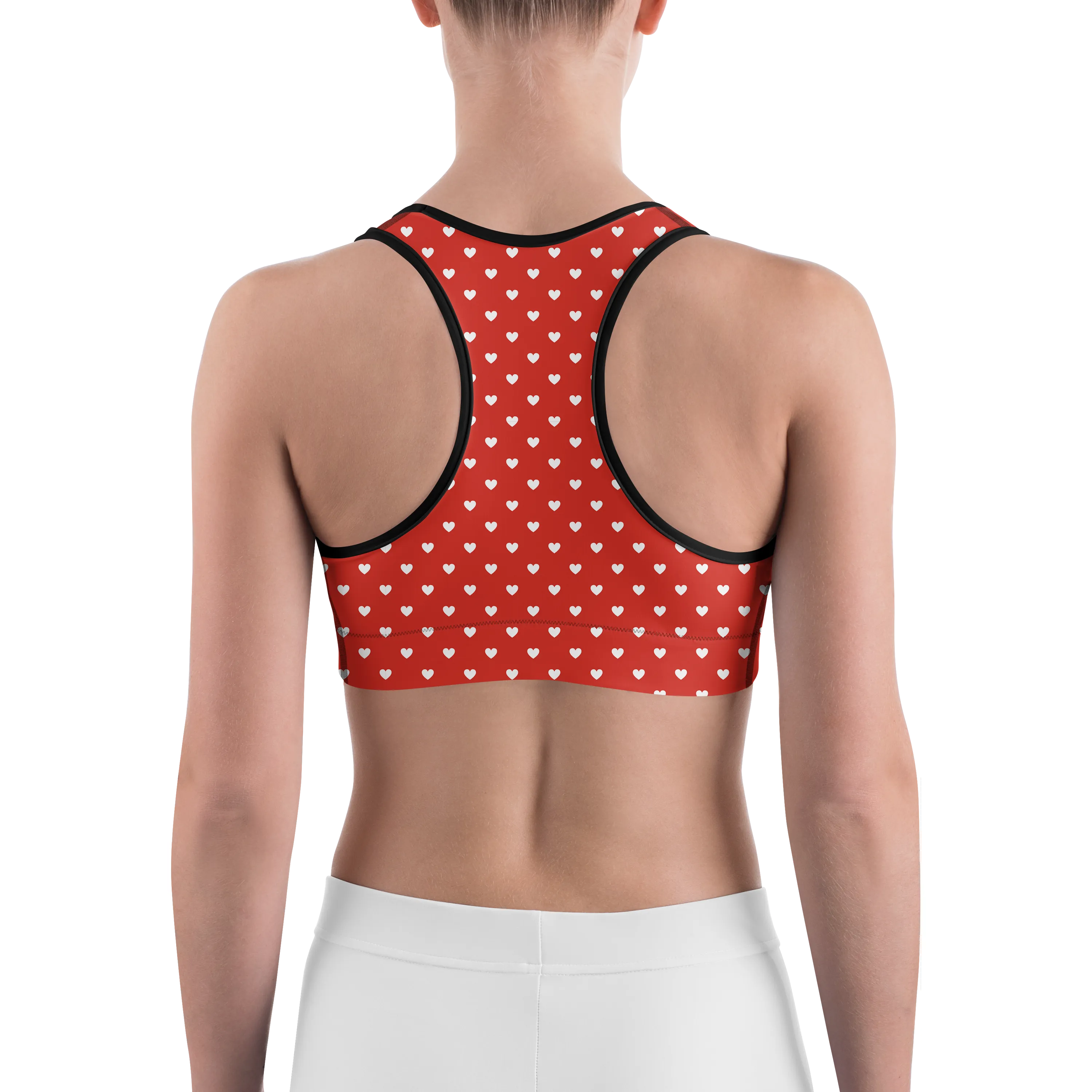 White Mini Hearts Red Sports Bra