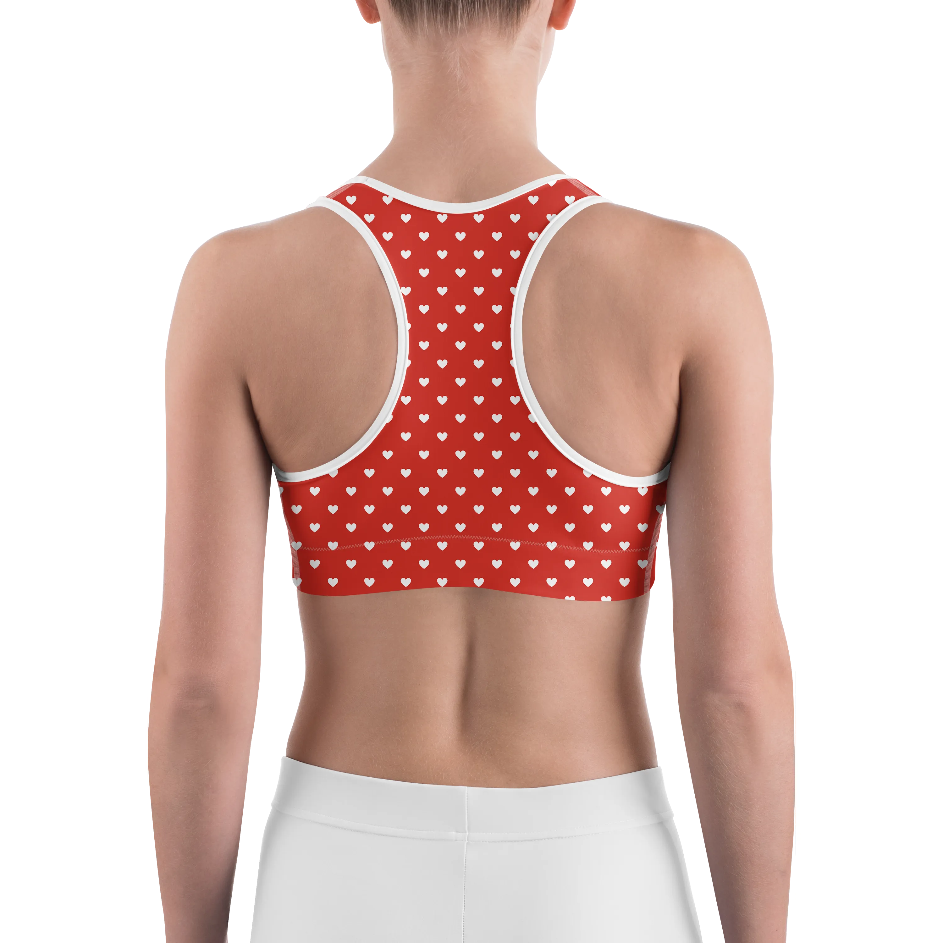 White Mini Hearts Red Sports Bra