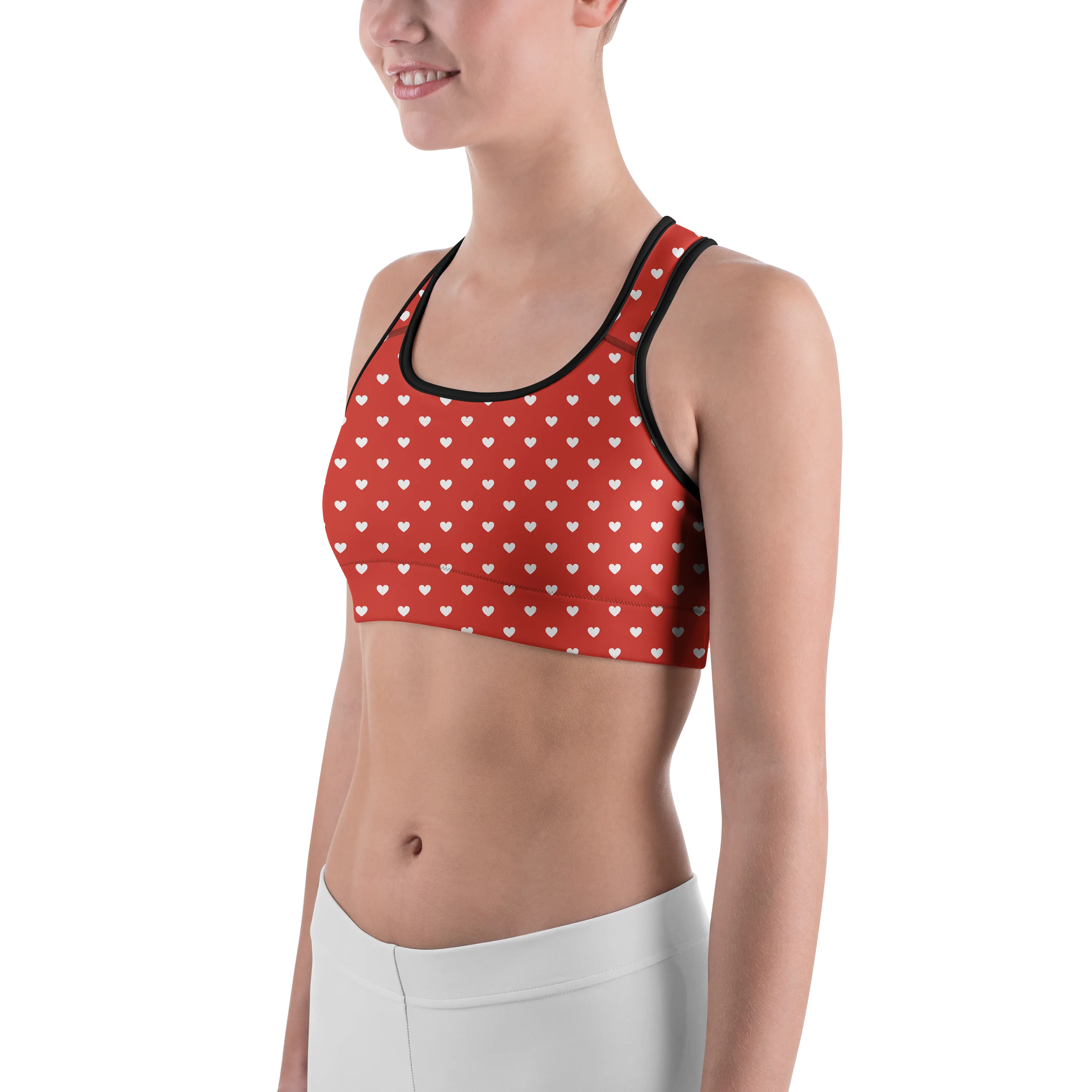 White Mini Hearts Red Sports Bra