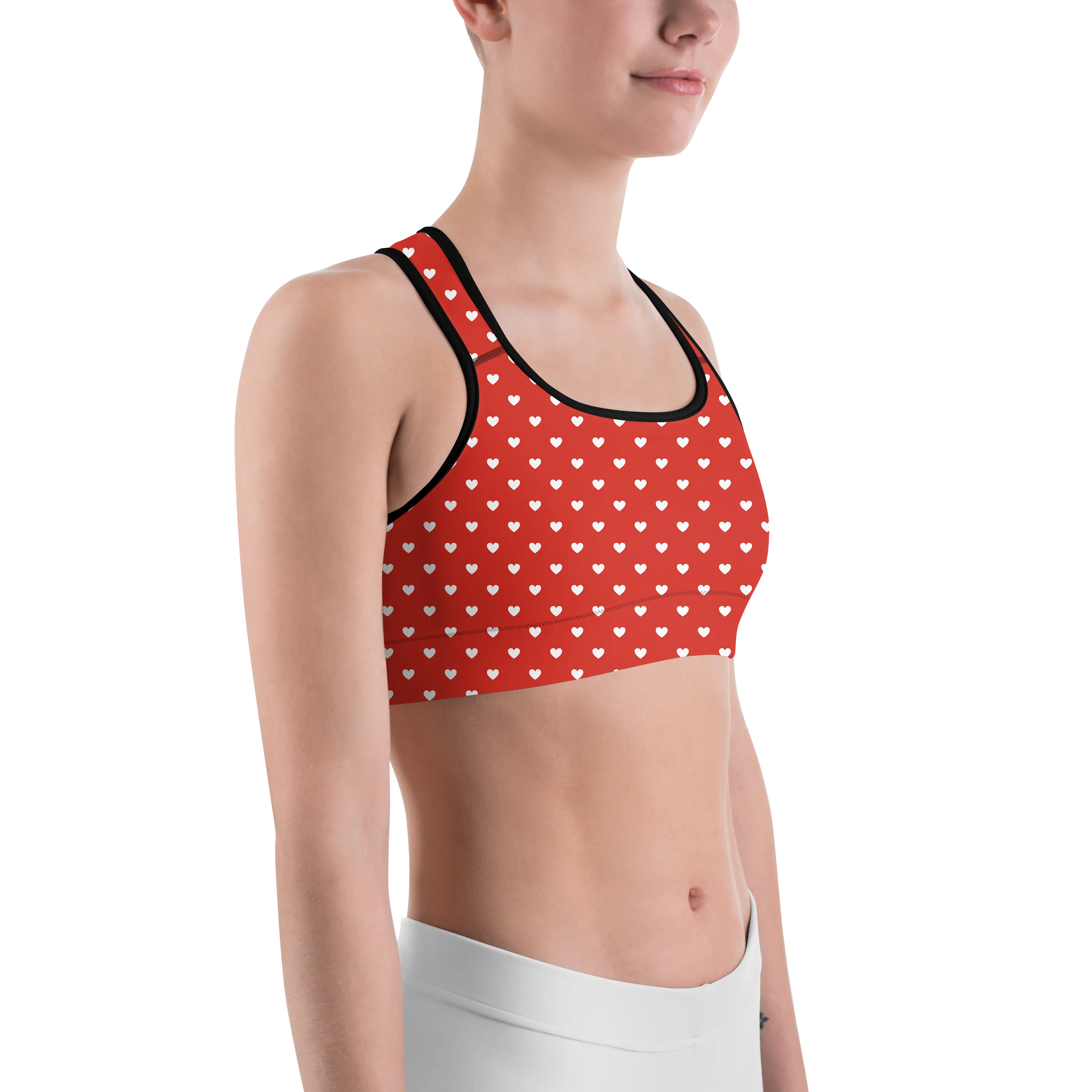 White Mini Hearts Red Sports Bra