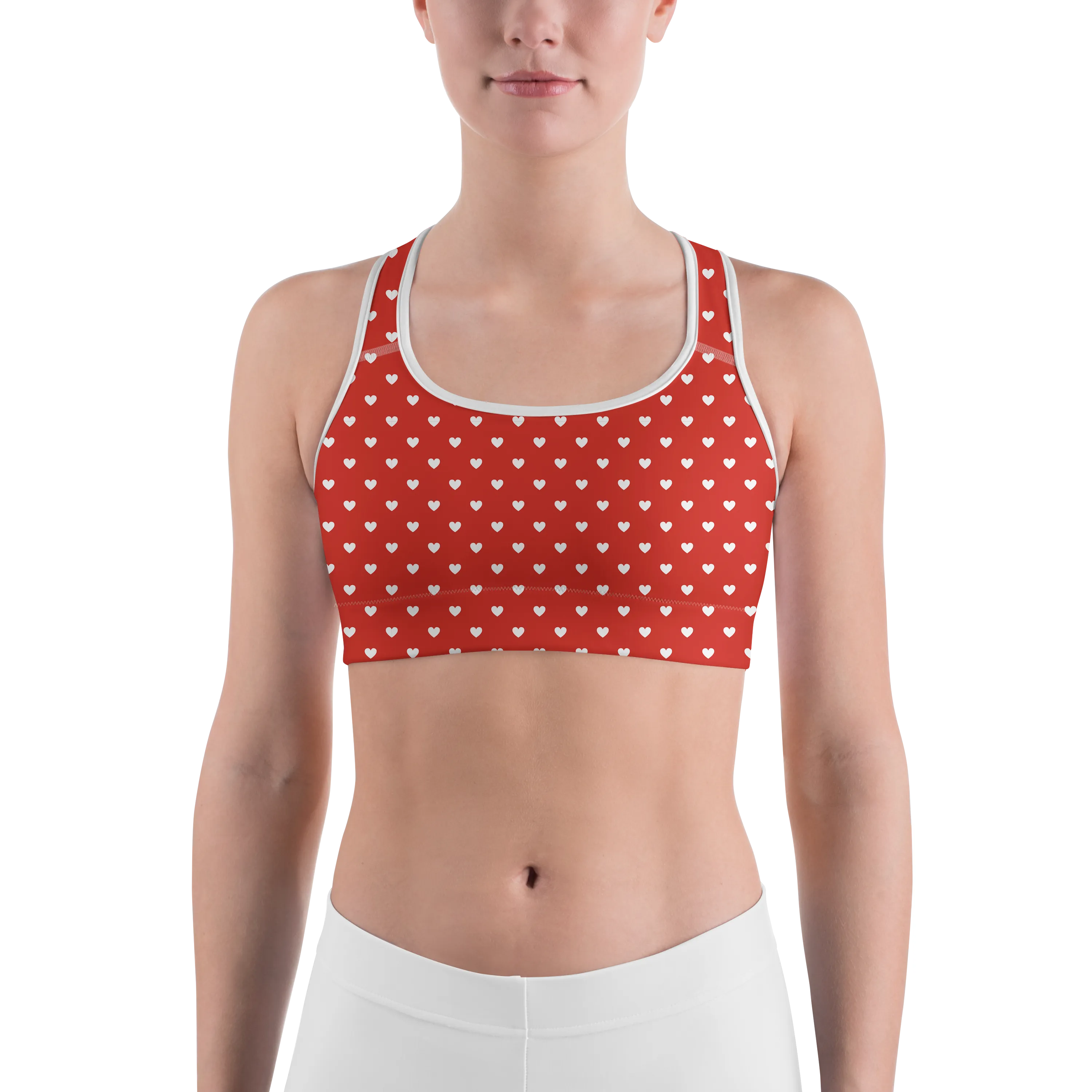 White Mini Hearts Red Sports Bra