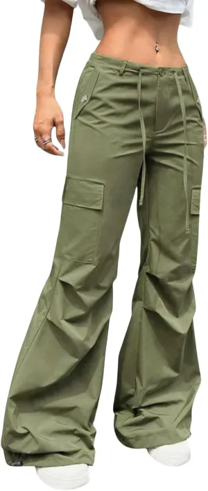 Women Army Green Y2K Flare Cargo Pants Drawstring Waist Straights Wide Leg Loose Trousers with Pockets