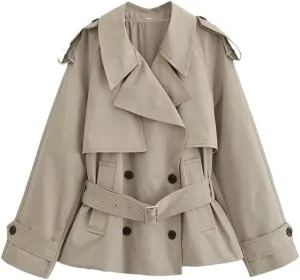 Women Classic Lapel Trench Coat Buckle Decoration With Belt Solid Short Jacket