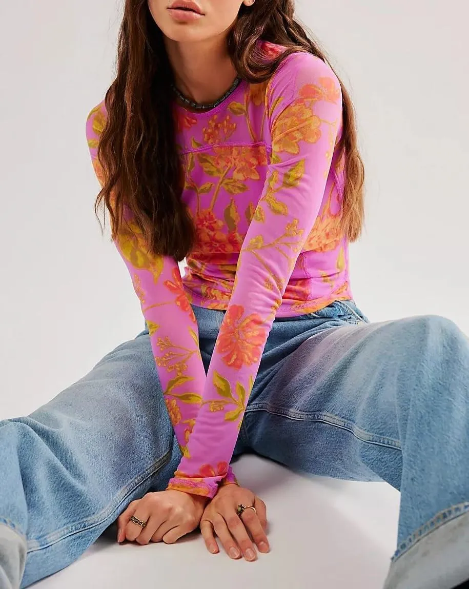 Women Floral Mesh Shirt Top Long Sleeve Sheer Layering Tops Sexy Slim Fit See Through Lace Undershirt