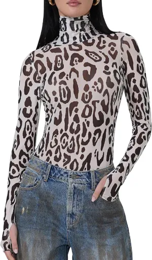 Women Floral Mesh Shirt Top Long Sleeve Sheer Layering Tops Sexy Slim Fit See Through Lace Undershirt