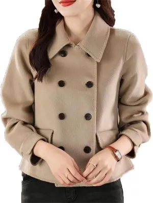 Womens Double Side Unlined Short Trenchcoat Turn Down Collar 100% Wool Classic Pea Coat