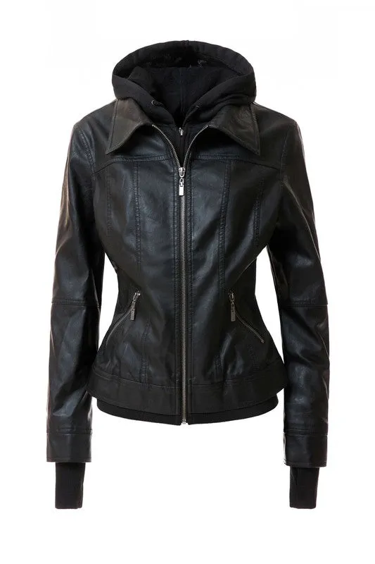 Women's Hooded Faux Leather Jacket