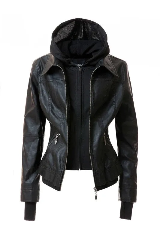 Women's Hooded Faux Leather Jacket