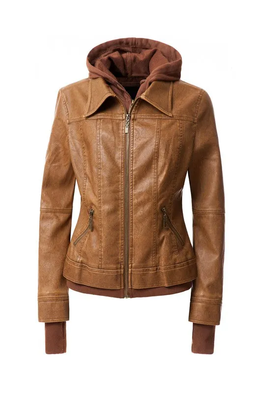 Women's Hooded Faux Leather Jacket