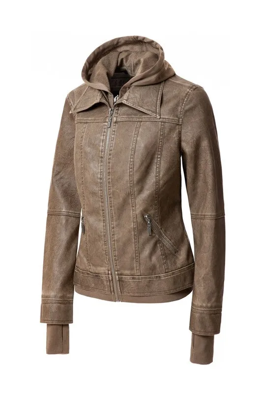 Women's Hooded Faux Leather Jacket