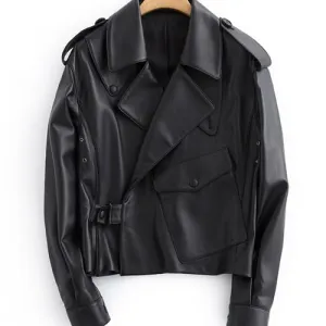 Women's Leather Jacket Sheepskin Leather Short Coat for women Biker Motorcycle Jacket